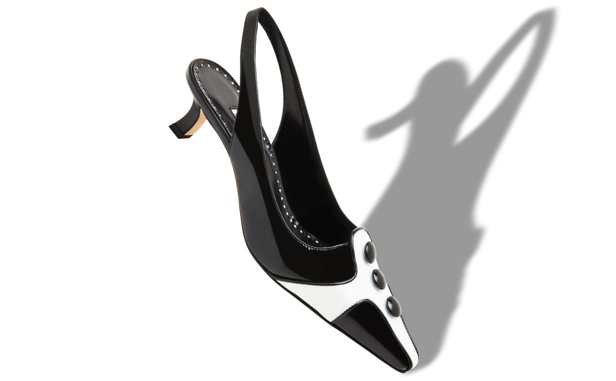 Designer Black and White Patent Leather Slingback Pumps - Image Main View