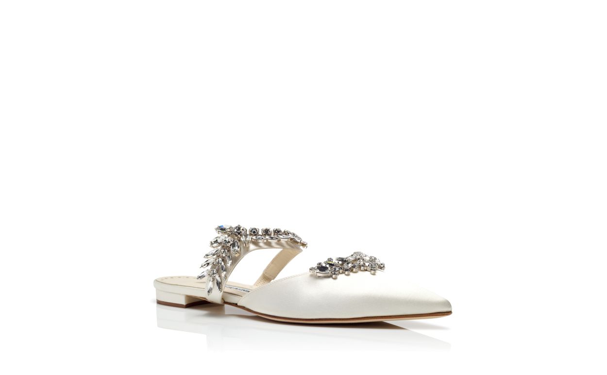 Designer Light Cream Satin Crystal Embellished Flat Mules - Image Upsell