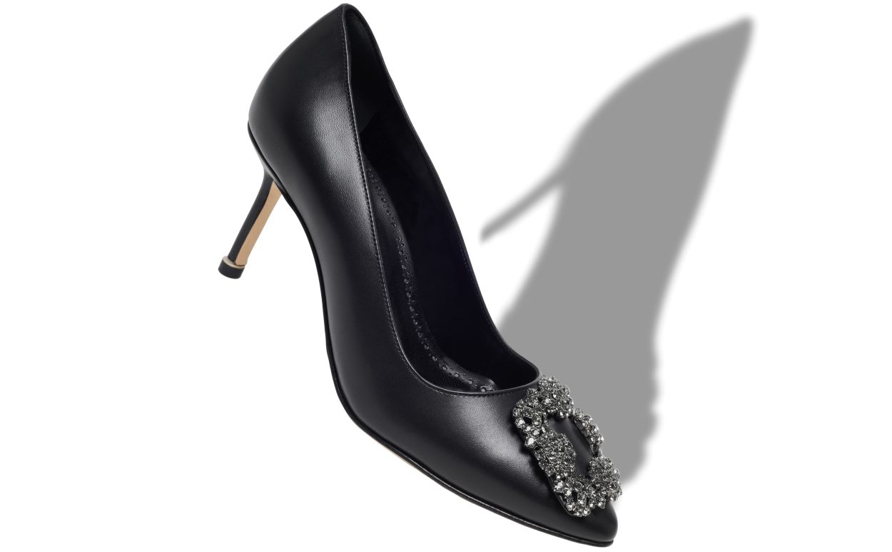 Designer Black Leather Jewel Buckle Pumps - Image Main View
