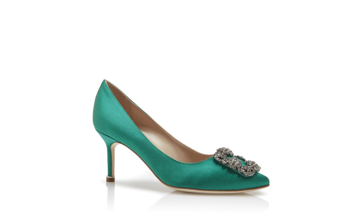 Designer Green Satin Jewel Buckle Pumps - Image Upsell