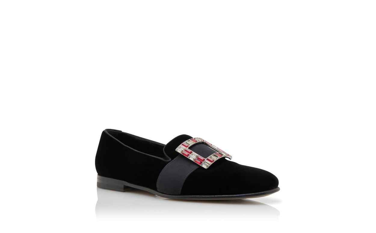 Designer Black Velvet Jewel Buckle Loafers  - Image Upsell