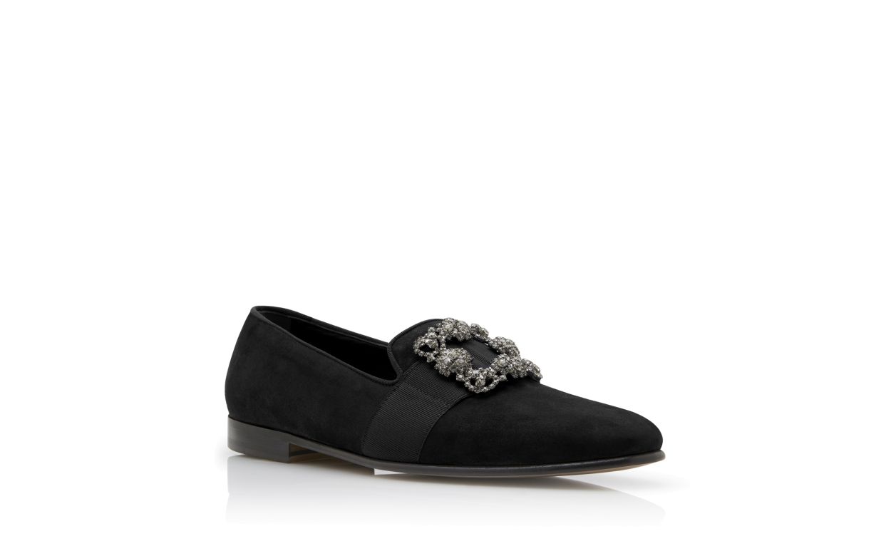 Designer Black Suede Jewelled Buckle Loafers - Image Upsell