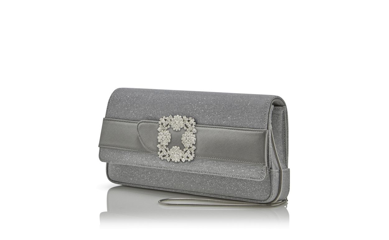 Designer Silver Glitter Jewel Buckle Clutch - Image 