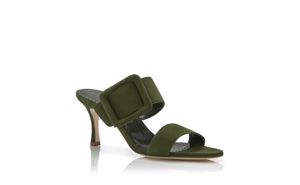 Designer Dark Khaki Green Suede Open Toe Mules - Image Upsell