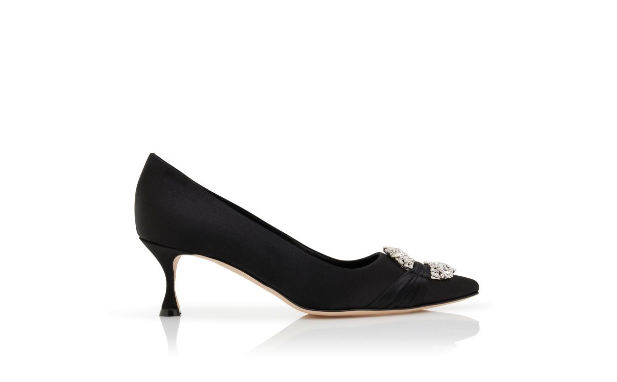 Designer Black Satin Embellished Buckle Pumps  - Image Side View