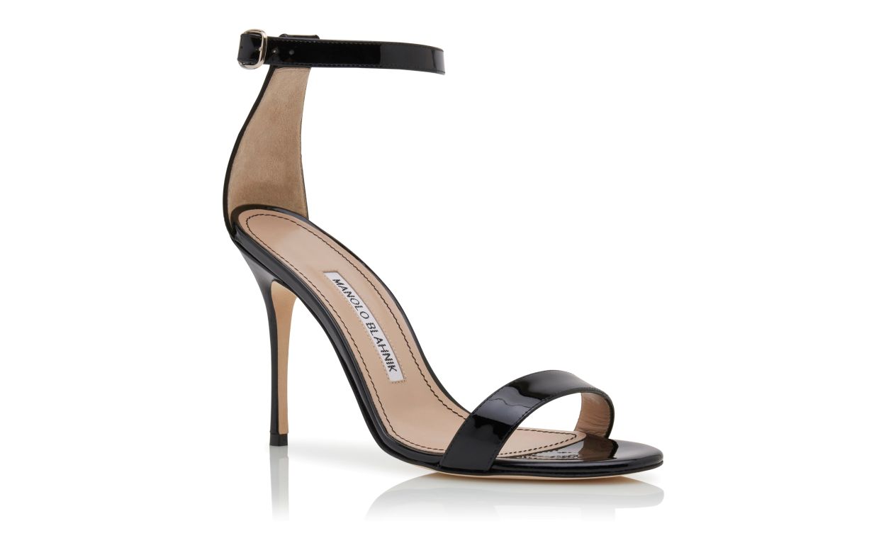 Designer Black Patent Leather Ankle Strap Sandals - Image Upsell