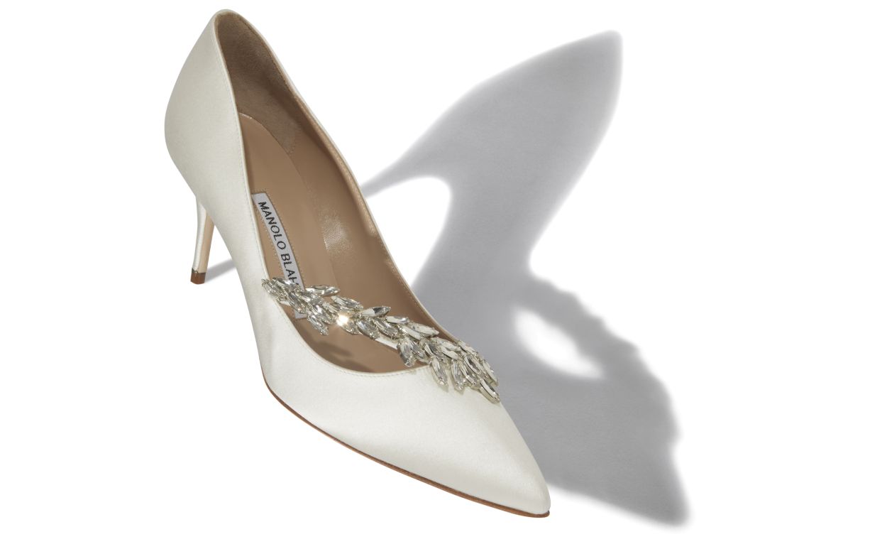 Designer White Satin Jewel Buckle Pumps - Image Main