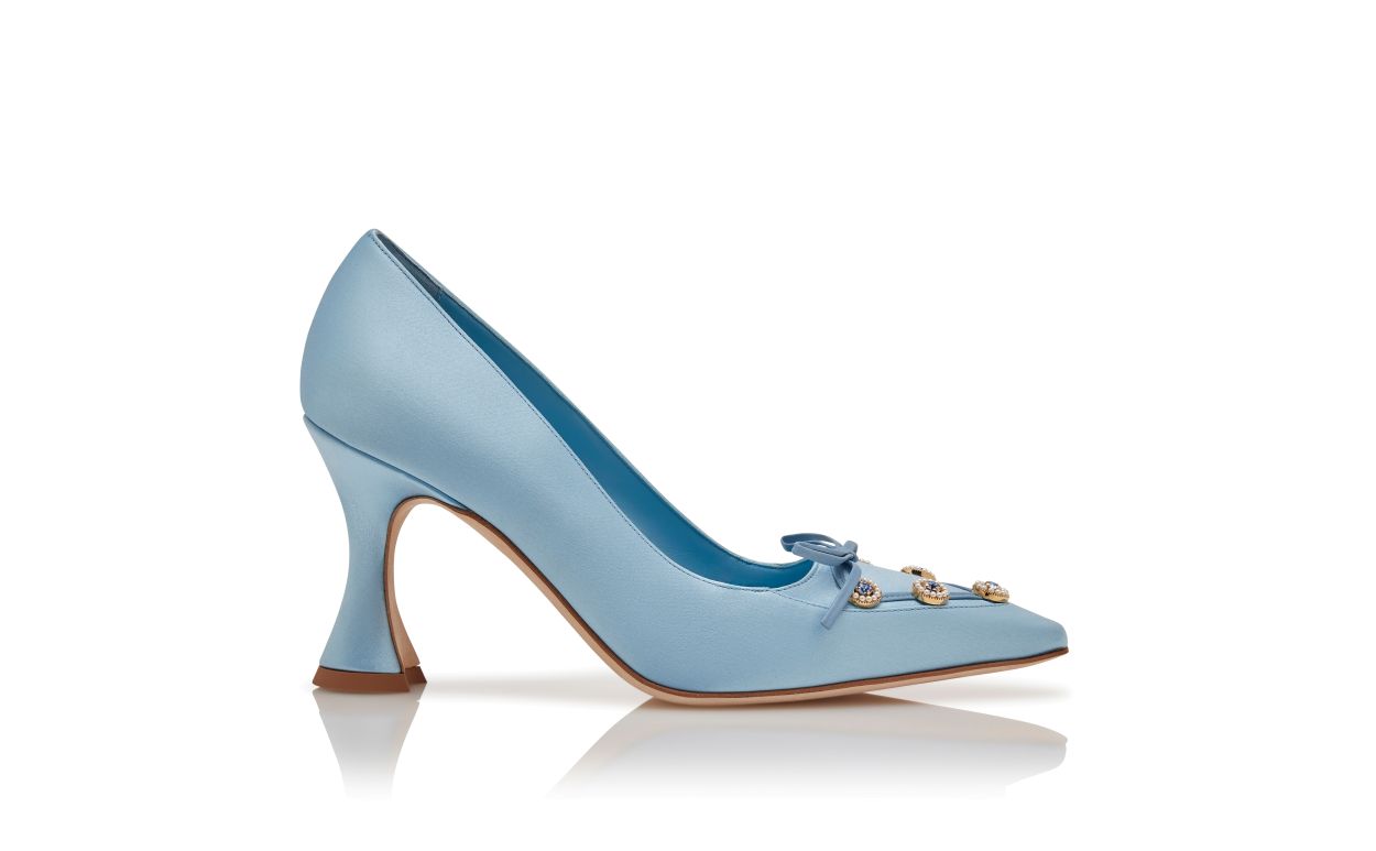 Designer Light Blue Satin Embellished Pumps - Image Side View