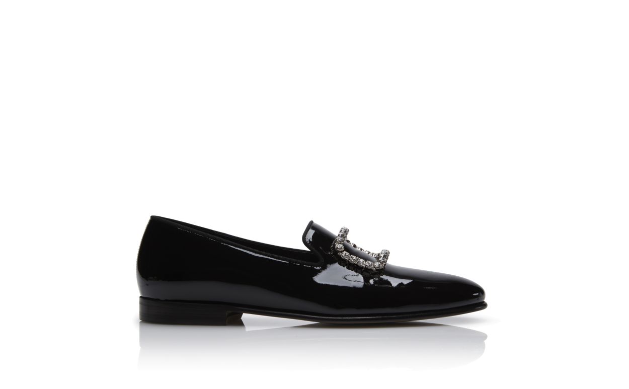 Designer Black Patent Leather Jewel Buckle Loafers - Image thumbnail