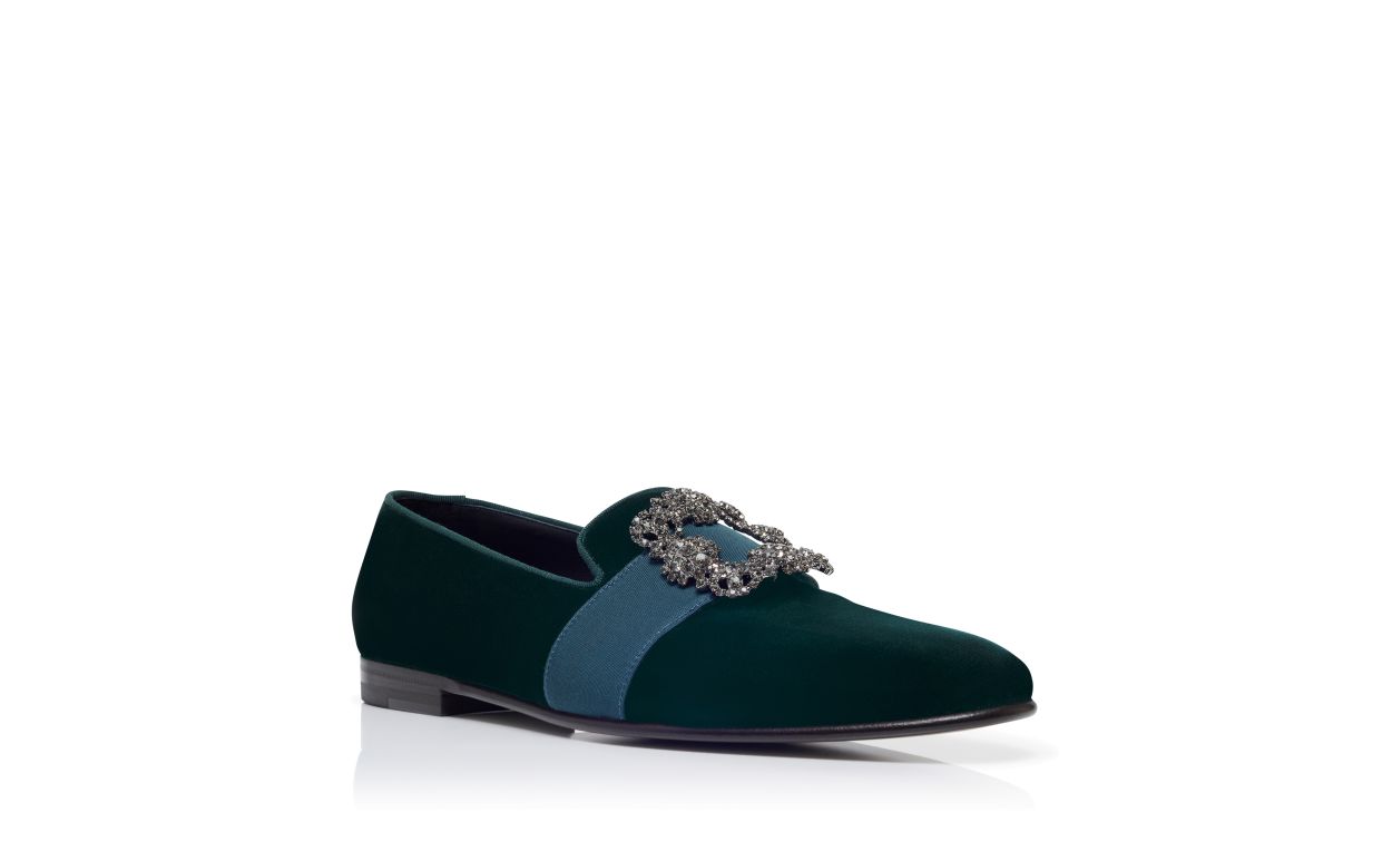 Designer Green Velvet Jewel Buckle Loafers - Image Upsell View