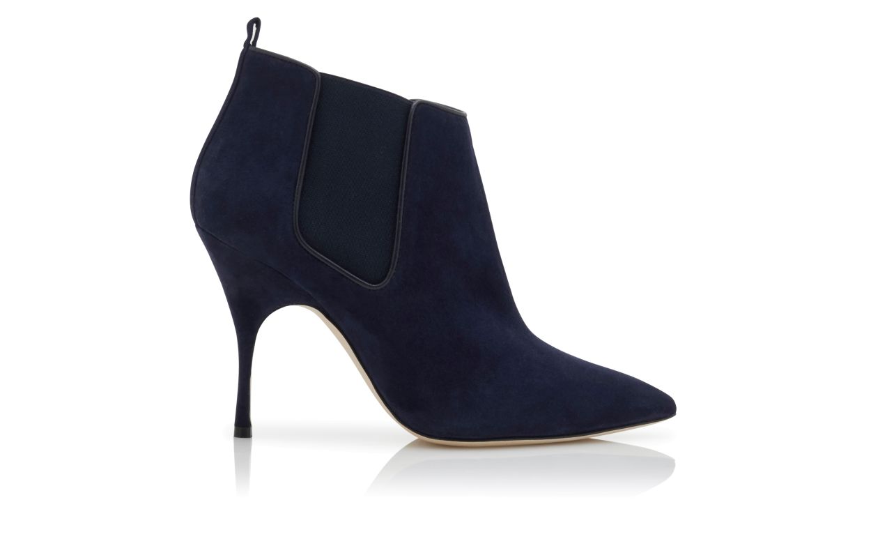 Designer Navy Blue Suede High Heel Chelsea Boots - Image Side View