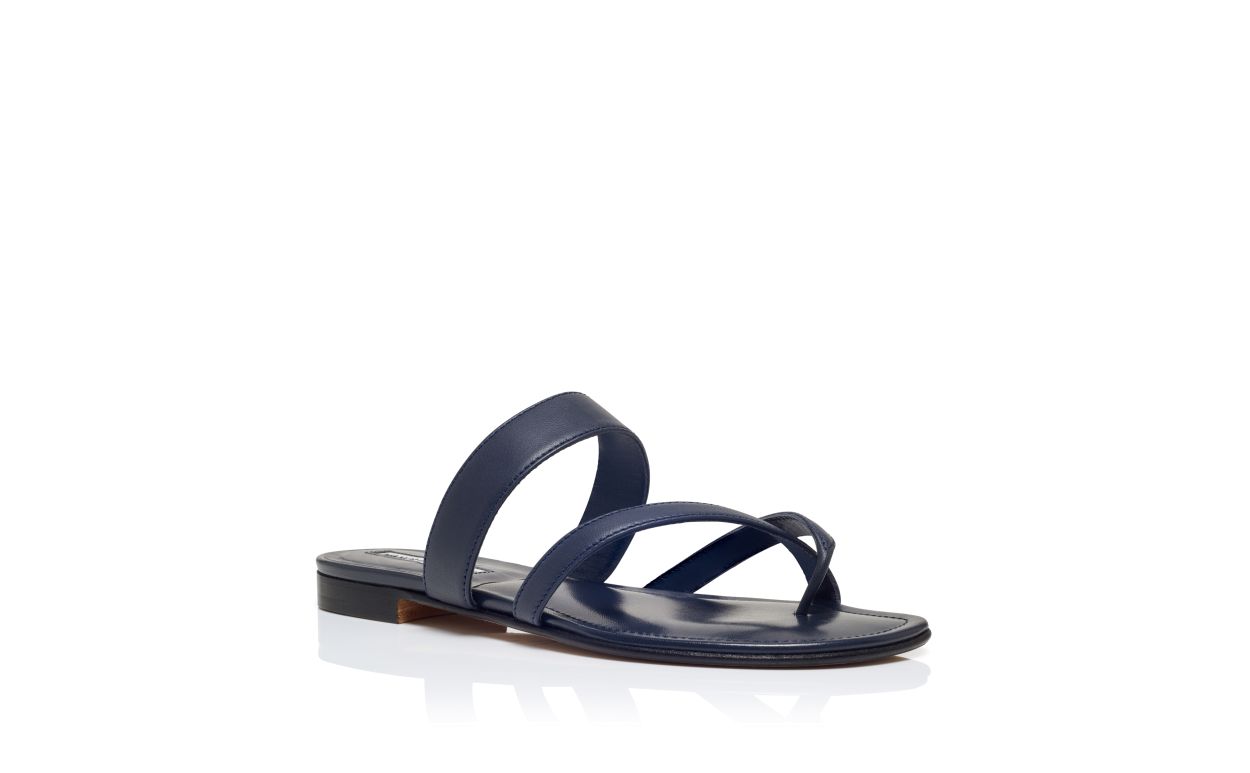 Designer Navy Nappa Leather Flat Sandals - Image Upsell View