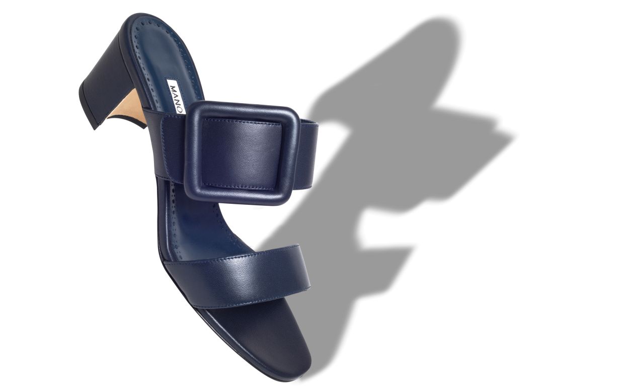 Designer Navy Blue Nappa Leather Open Toe Mules - Image Main