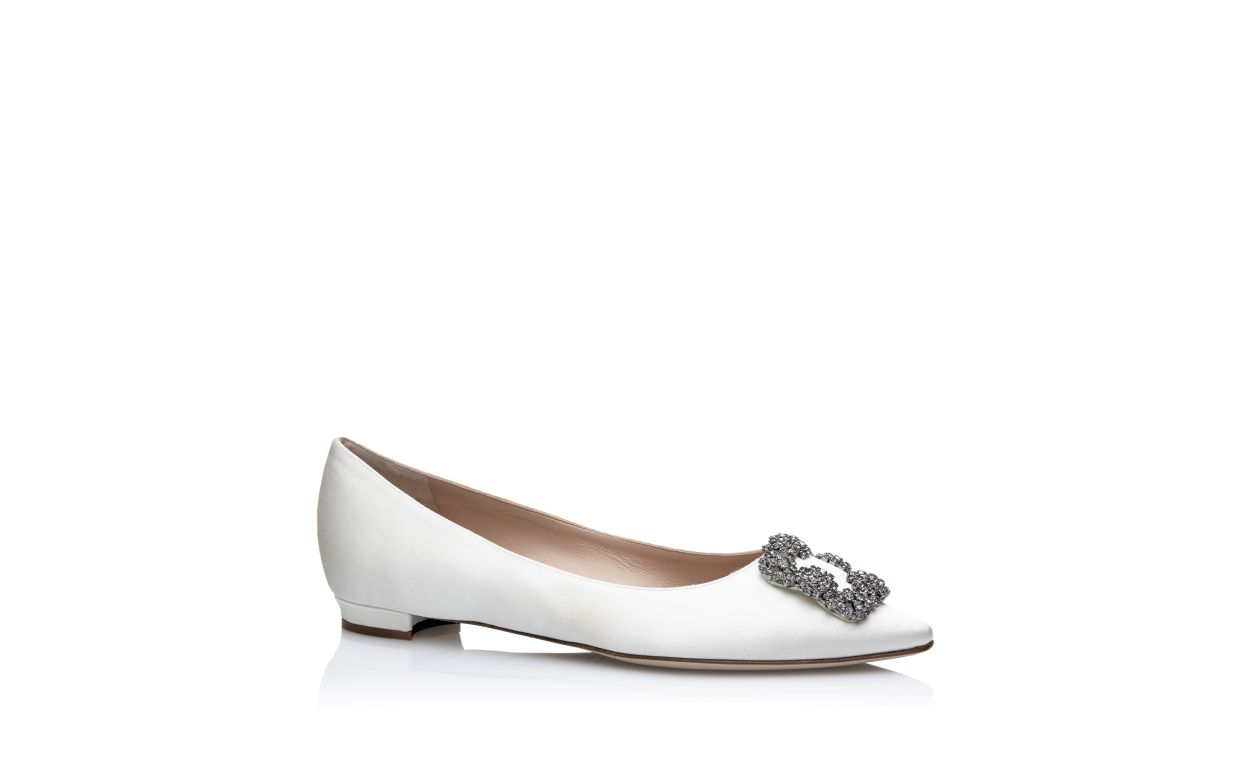 Designer White Satin Jewel Buckle Flats - Image Upsell