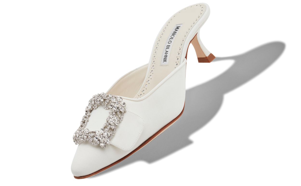 MAYSALE JEWEL | White Satin Crystal Buckle Mules | Manolo