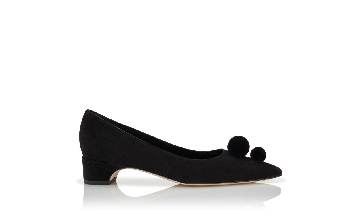 Designer Black Suede Pom Pom Detail Pumps - Image thumbnail