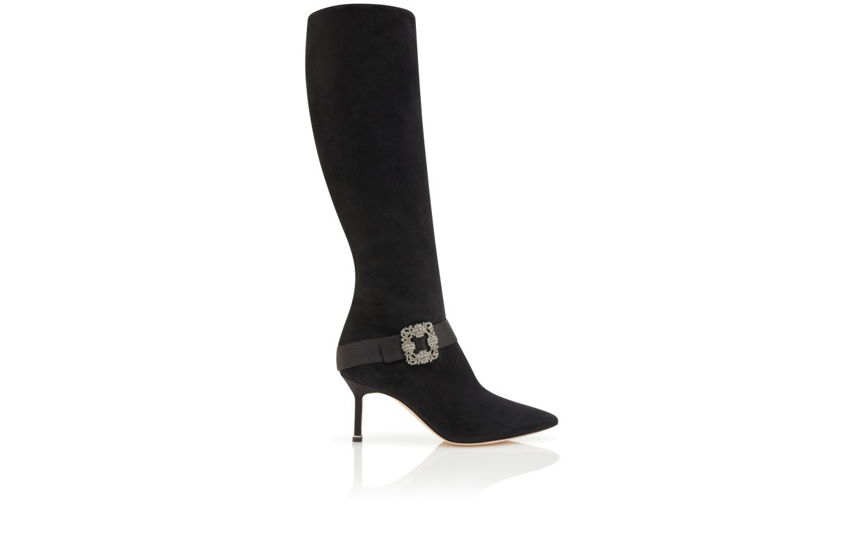 Designer Black Suede Jewel Buckle Knee High Boots  - Image thumbnail