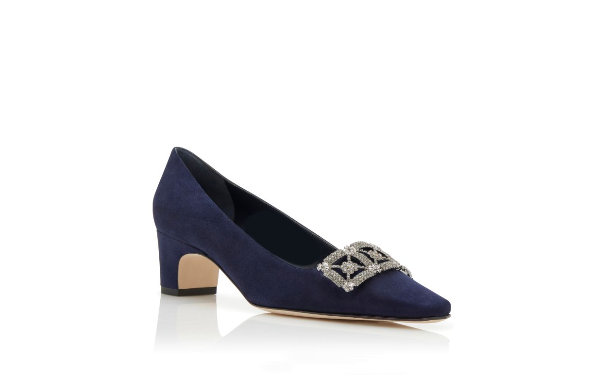 Designer Navy Blue Suede Jewel Embellished Pumps - Image Upsell