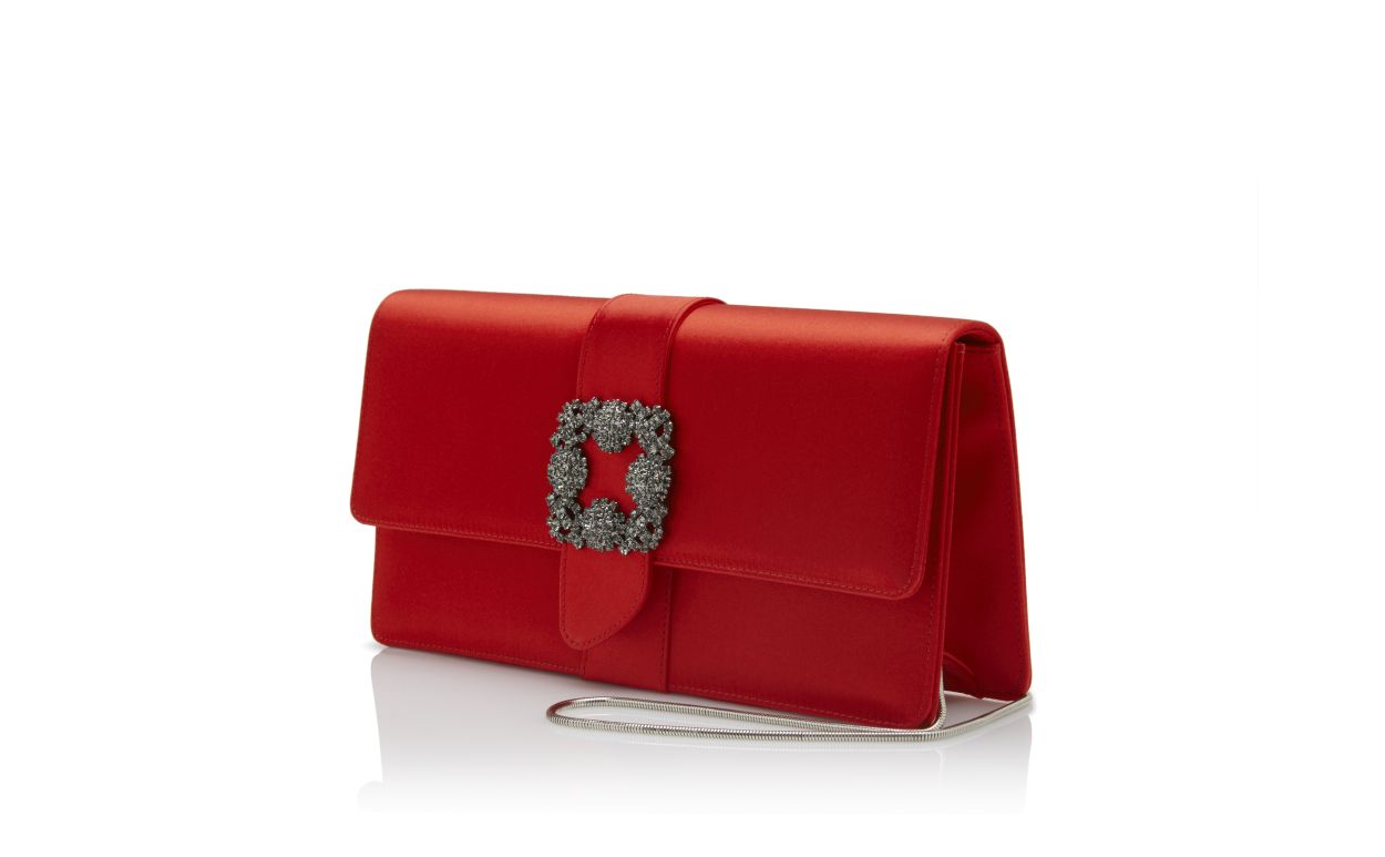 Designer Red Satin Jewel Buckle Clutch - Image 