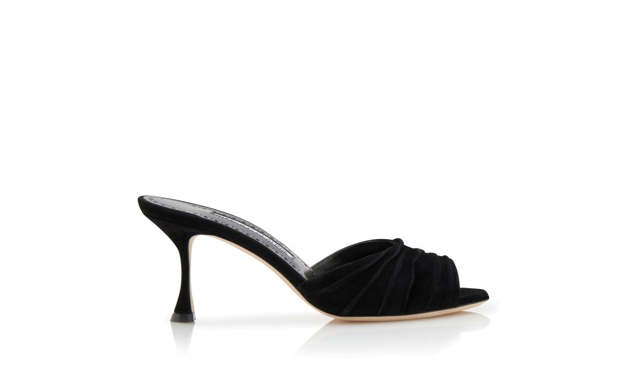 Designer Black Suede Ruched Open Toe Mules - Image thumbnail