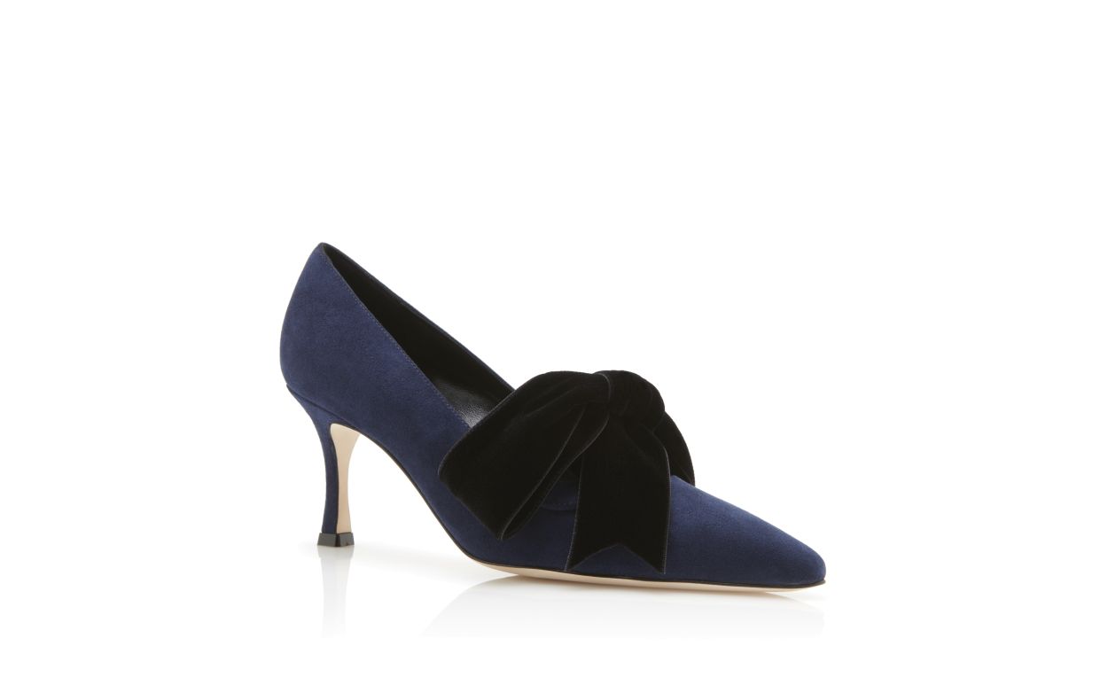 Designer Navy Blue Suede and Velvet Bow Detail Pumps  - Image Upsell