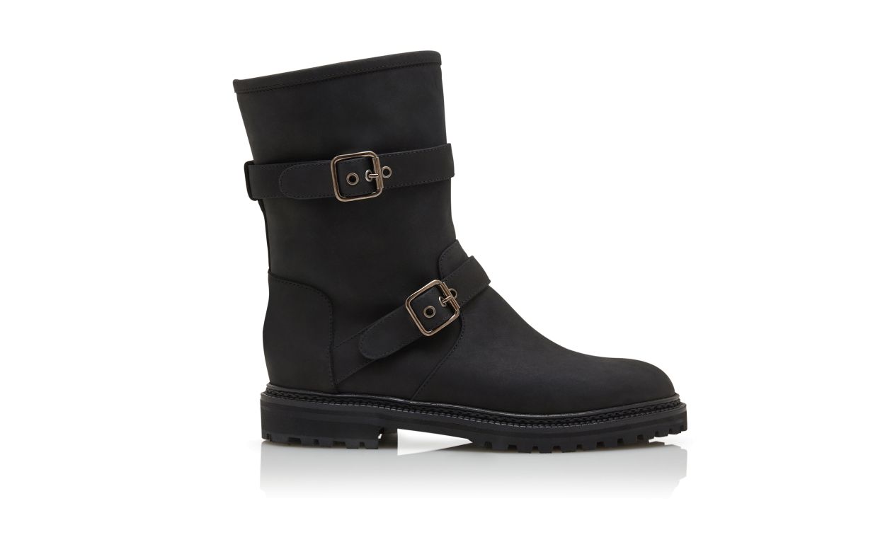 Designer Black Nubuck Dual Buckle Ankle Boots  - Image Side View