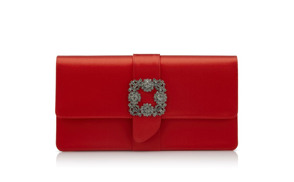 Designer Red Satin Jewel Buckle Clutch - Image Side View