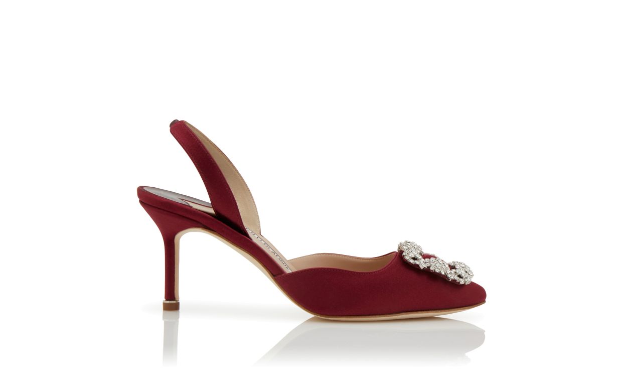 Designer Dark Red Satin Jewel Buckle Slingback Pumps - Image thumbnail