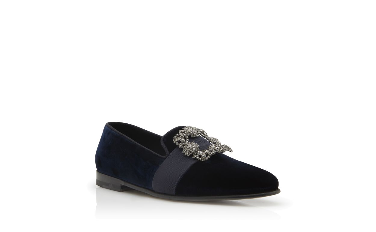 Designer Navy Blue Velvet Jewelled Buckle Loafers - Image Upsell