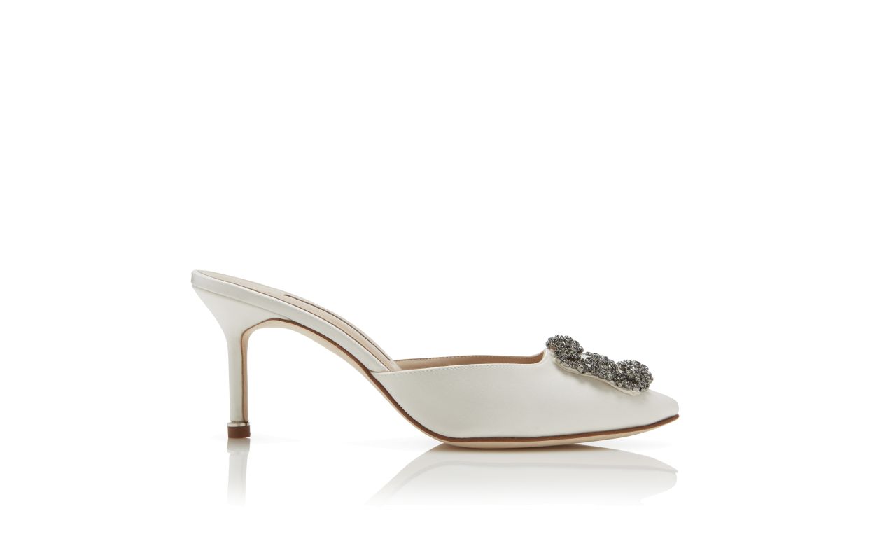 Designer Off-White Satin Jewel Buckle Mules - Image Side View