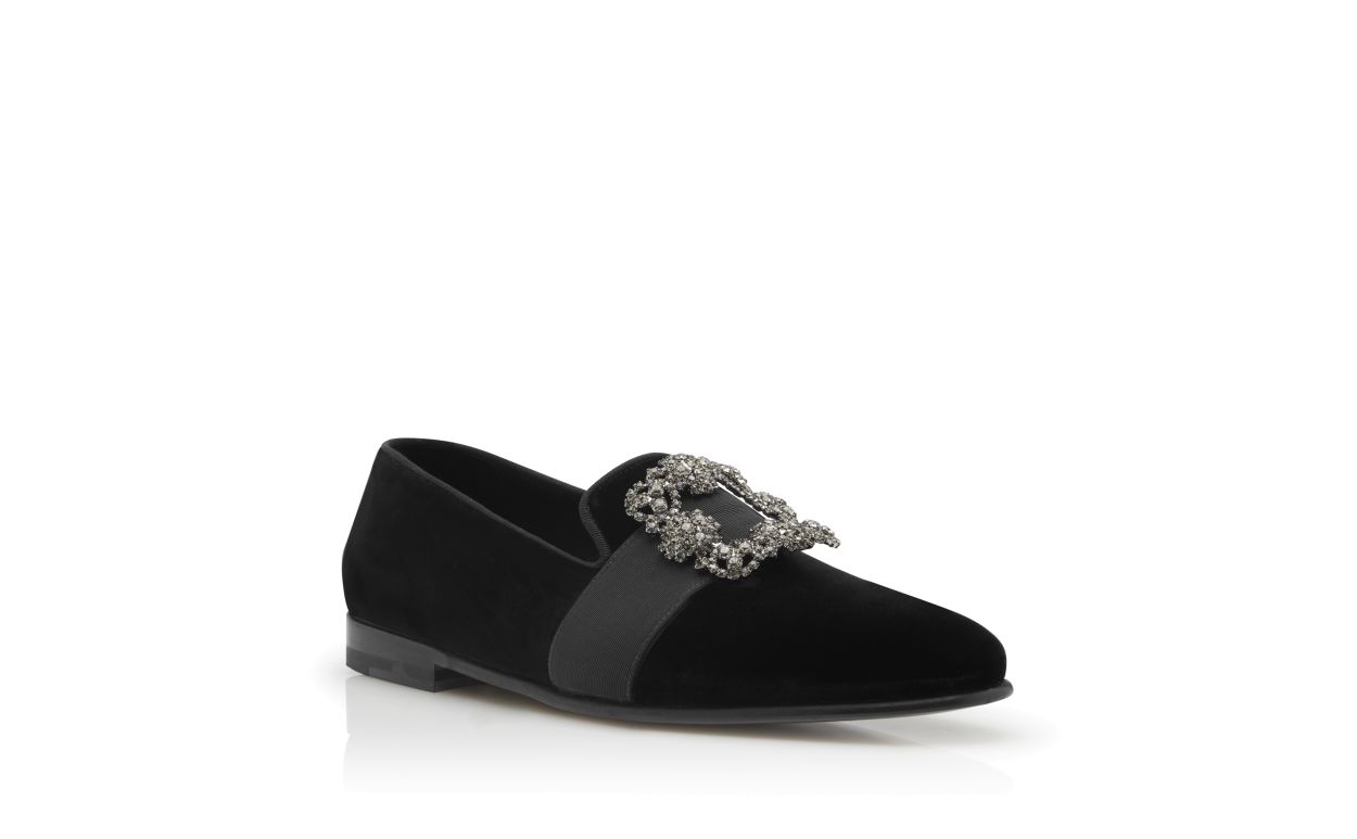 Designer Black Velvet Jewelled Buckle Loafers - Image Upsell