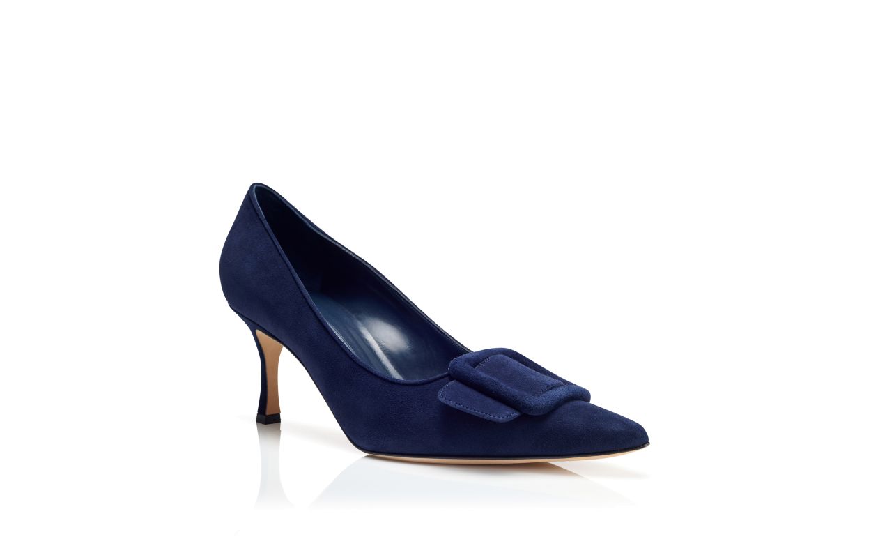 Designer Navy Blue Suede Buckle Detail Pumps - Image Upsell