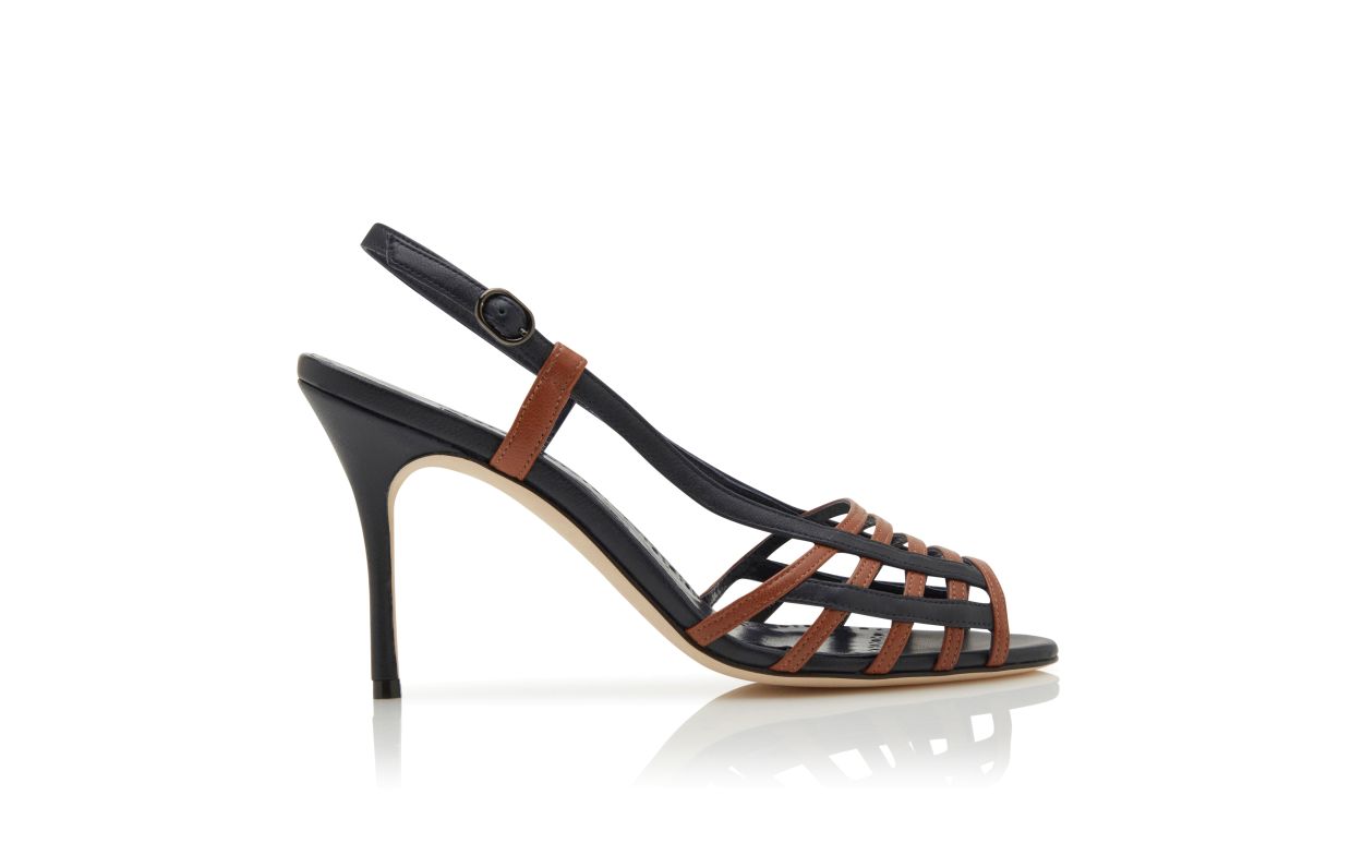 Designer Brown and Navy Nappa Leather Slingback Sandals - Image thumbnail