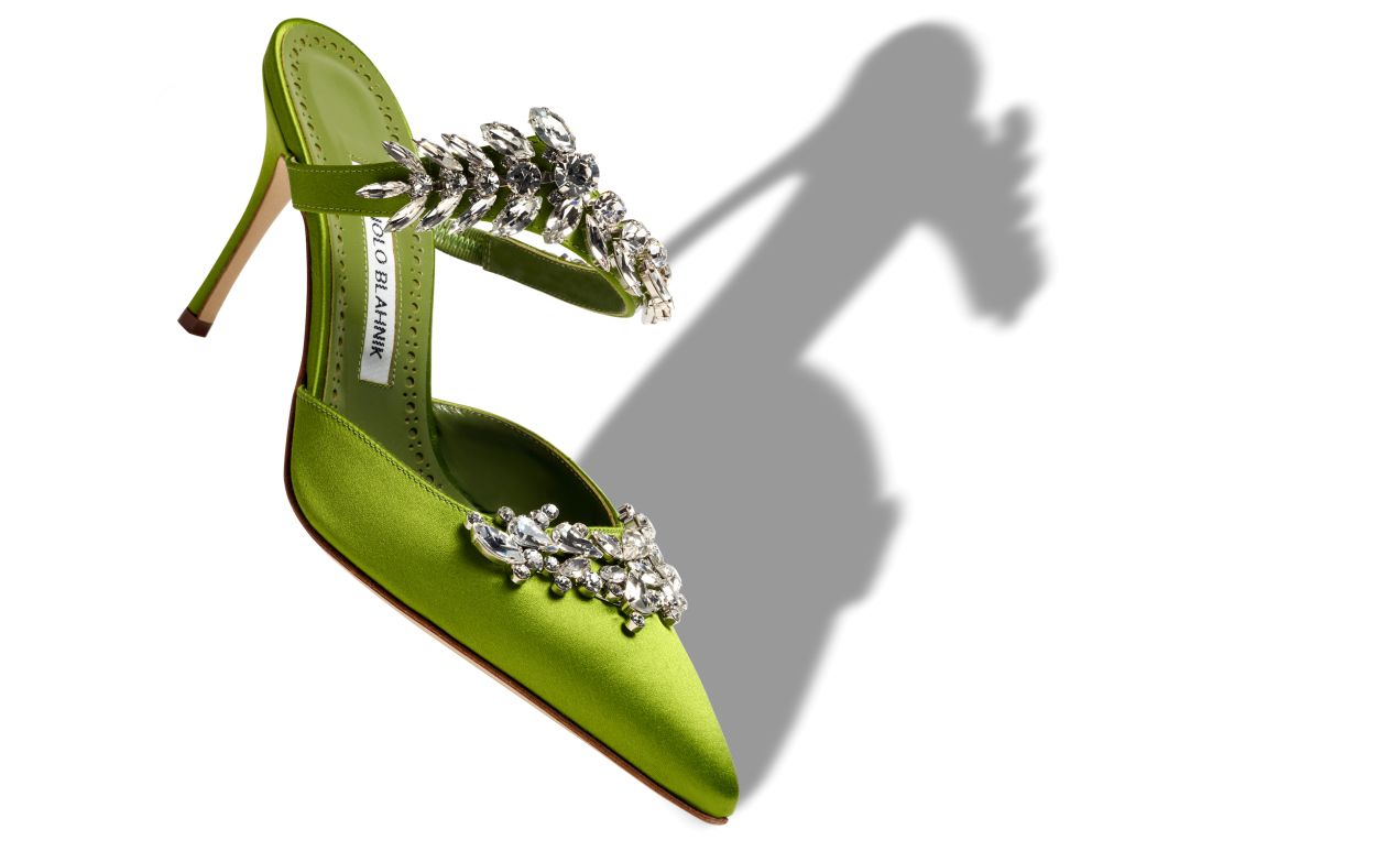 Designer Light Green Satin Crystal Embellished Mules - Image Main