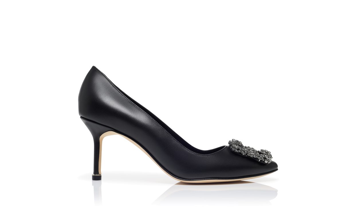 Designer Black Leather Jewel Buckle Pumps - Image Side View