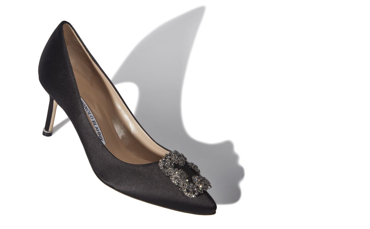 Designer Black Satin Jewel Buckle Pumps - Image Main