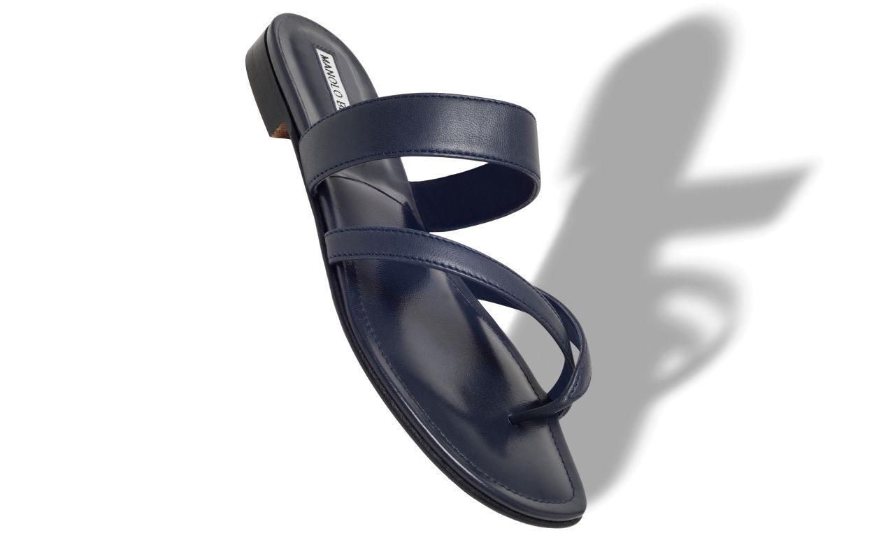 Designer Navy Nappa Leather Flat Sandals - Image Main View