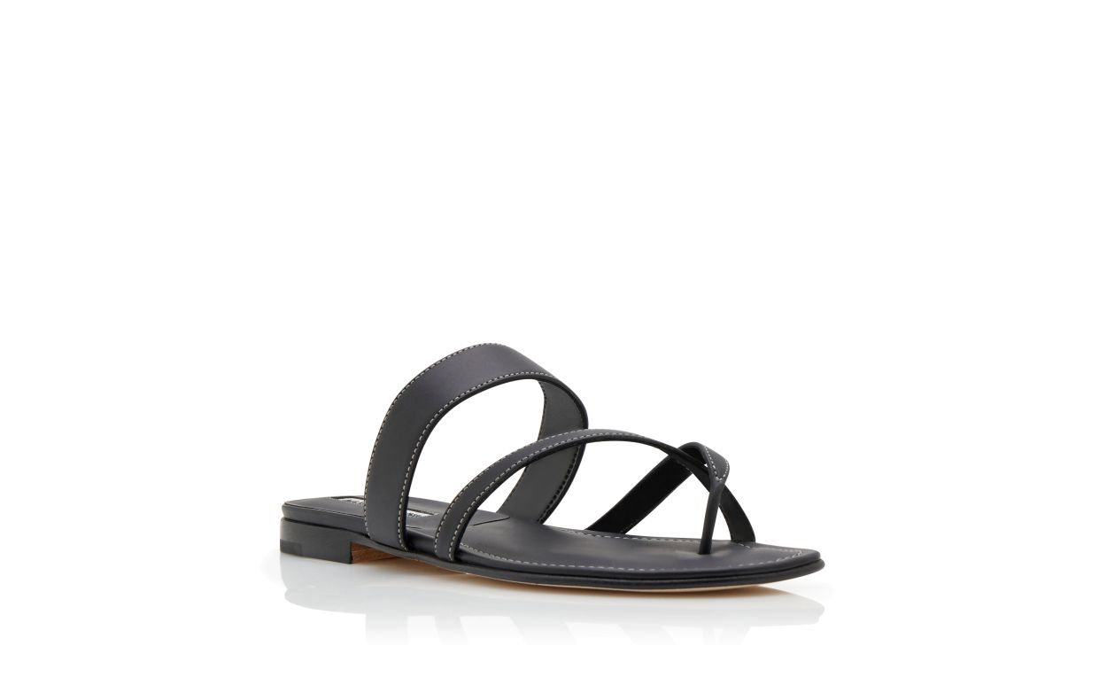Designer Black Calf Leather Crossover Flat Sandals - Image Upsell