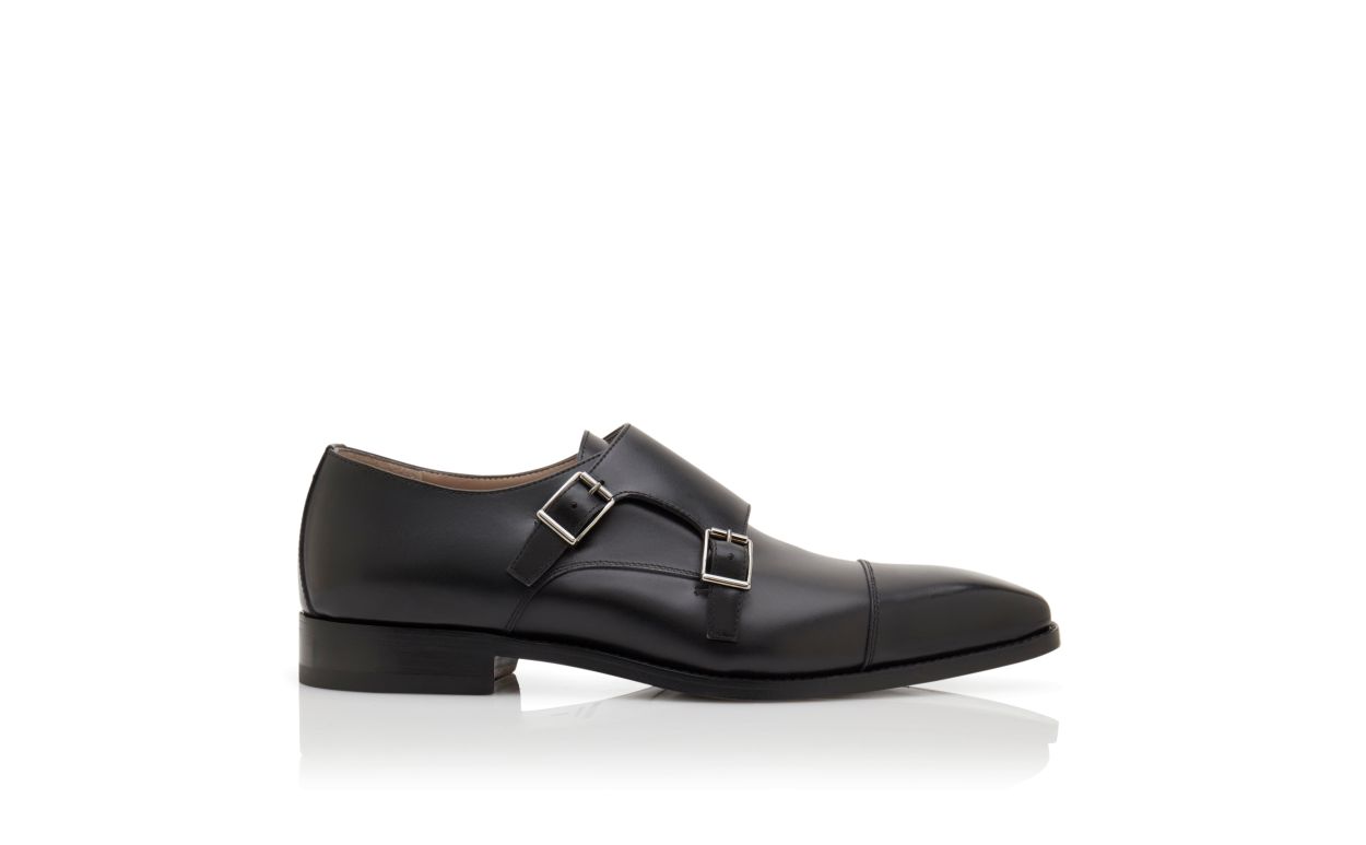 Designer Black Calf Leather Monk Strap Shoes - Image thumbnail