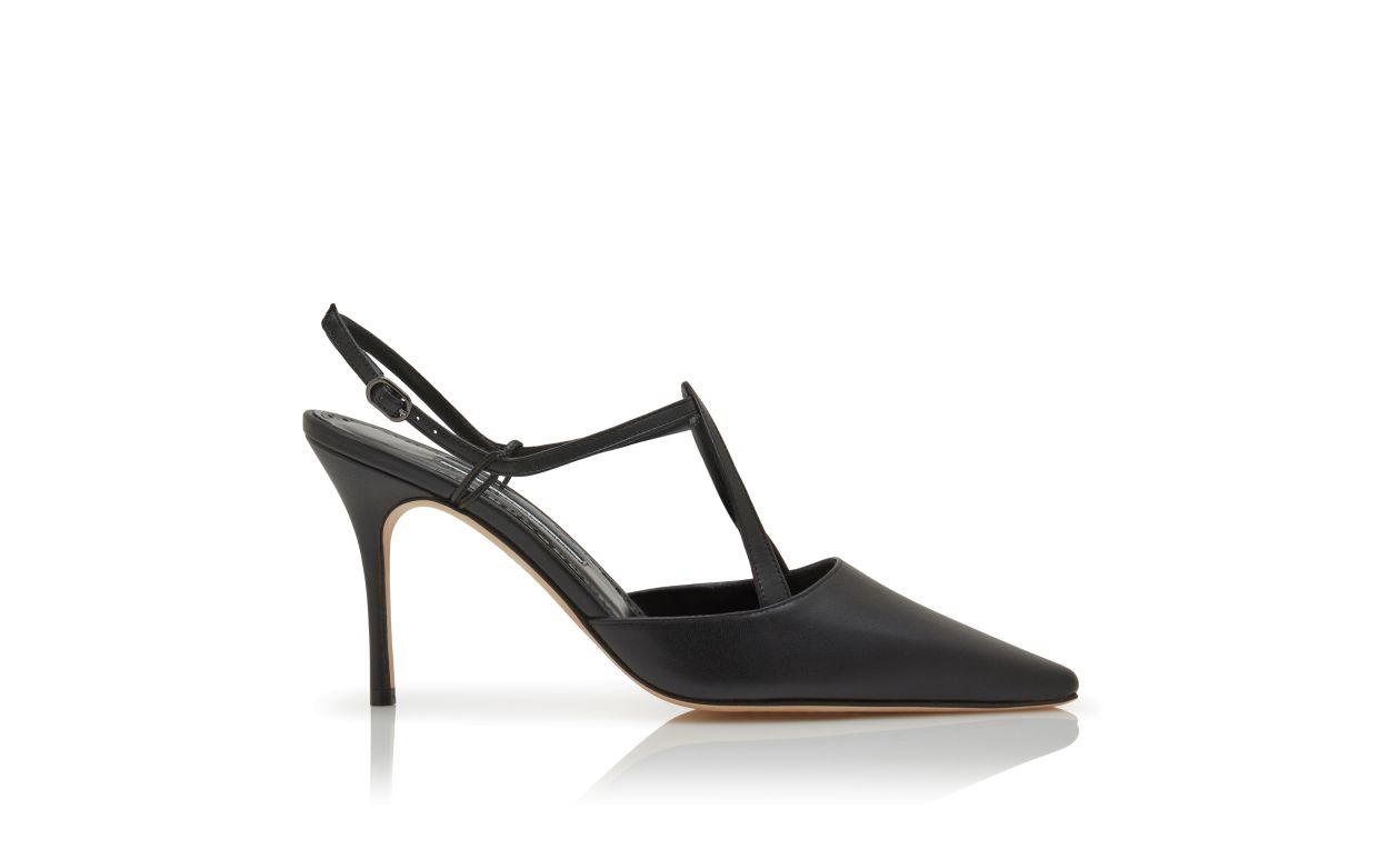Designer Black Nappa Leather T-Bar Pumps  - Image Side View
