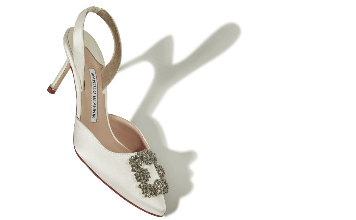 Designer White Satin Jewel Buckle Slingback Pumps - Image Main