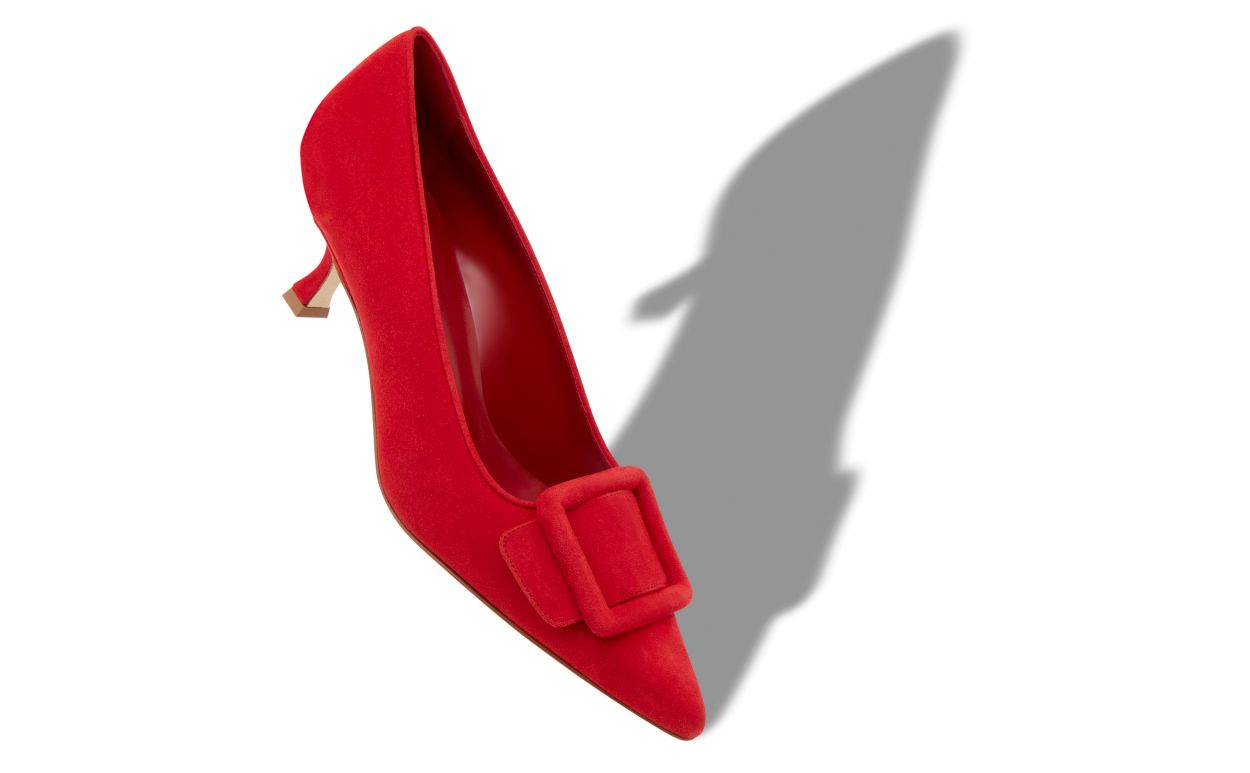 MAYSALEPUMP 50 | Red Suede Buckle Detail Pumps | Manolo Blahnik