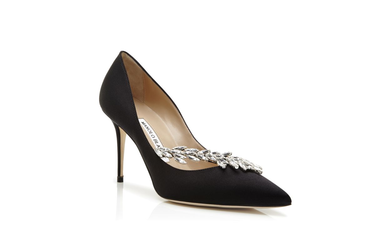 Designer Black Satin Jewel Buckle Pumps  - Image Upsell