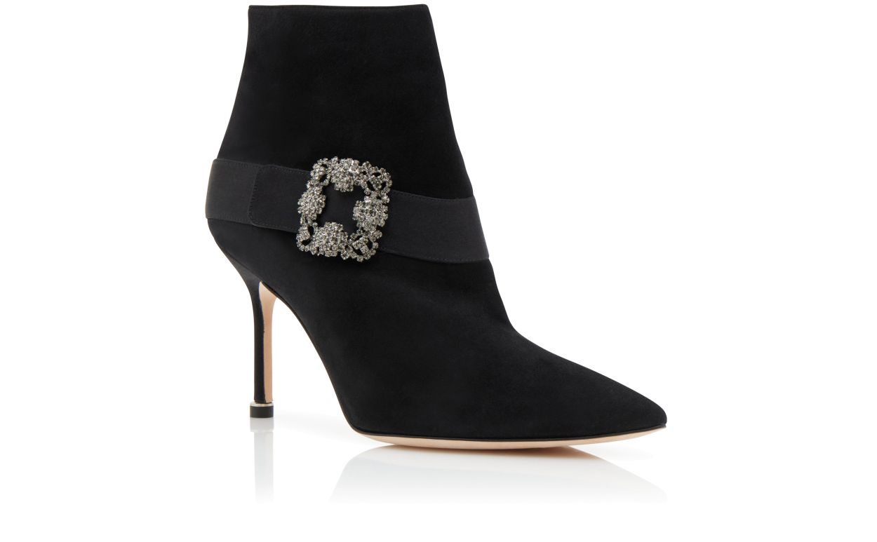 Designer Black Suede Jewel Buckle Ankle Boots  - Image Upsell