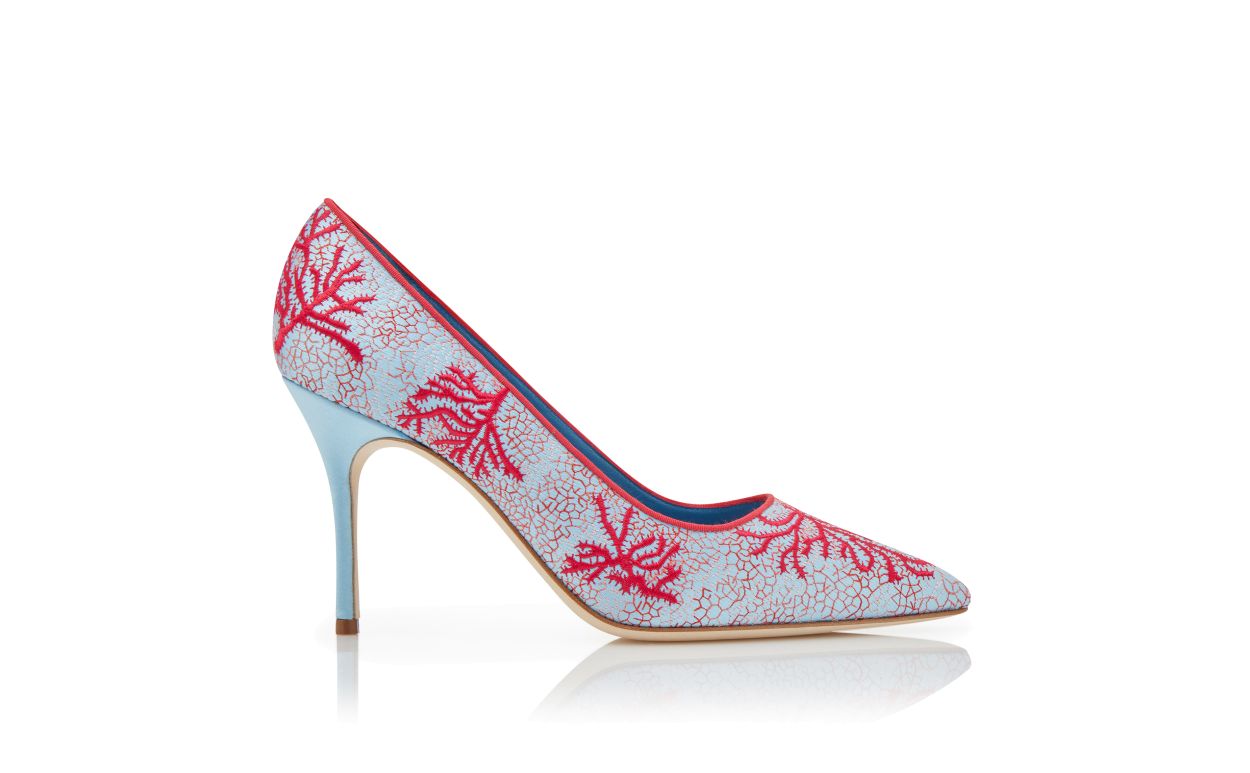 Designer Light Blue and Red Satin Embroidered Pumps - Image thumbnail