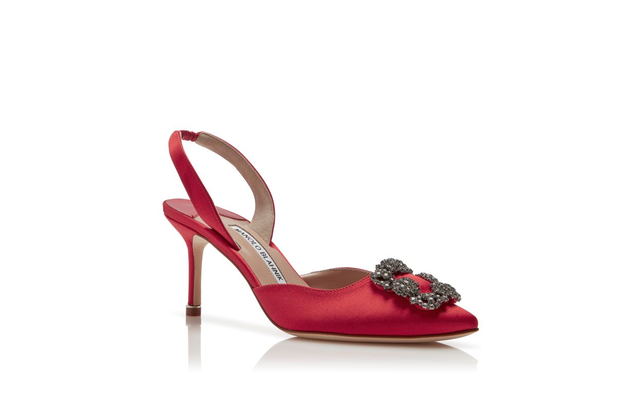 HANGISLI | Red Satin Jewel Buckle Slingback Pumps | Manolo Blahnik