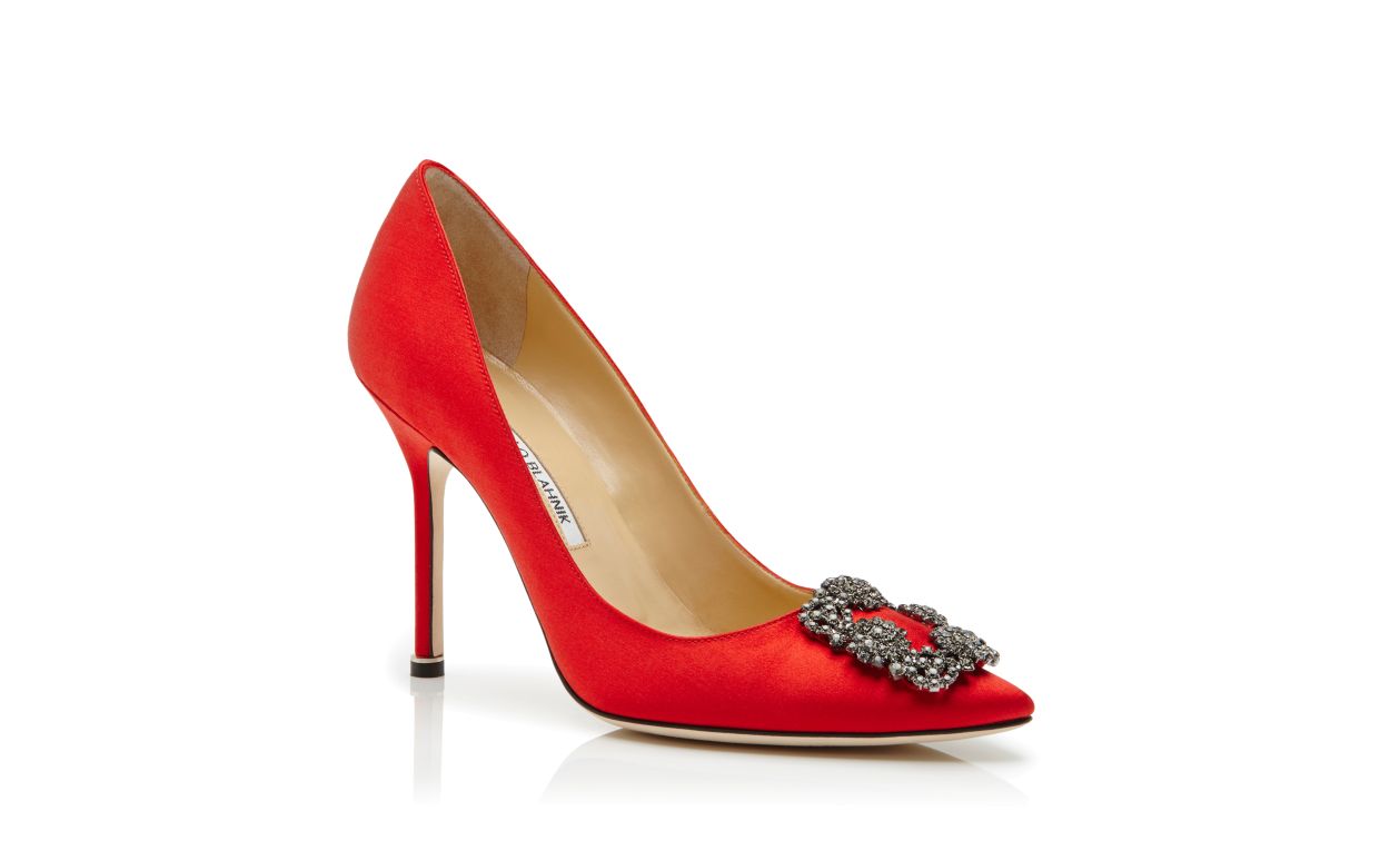 Designer Red Satin Jewel Buckle Pumps - Image Upsell