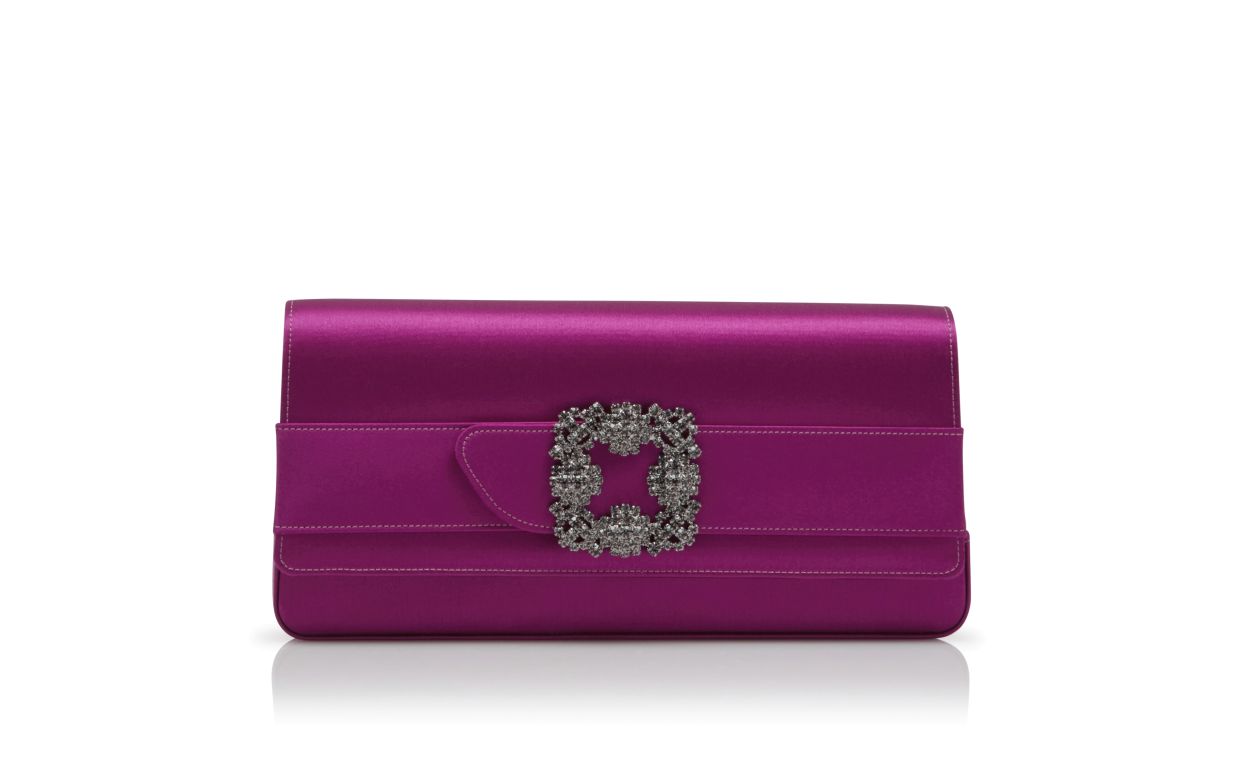 Designer Dark Fuchsia Satin Jewel Buckle Clutch - Image Side View