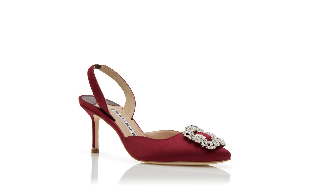 Designer Dark Red Satin Jewel Buckle Slingback Pumps - Image Upsell