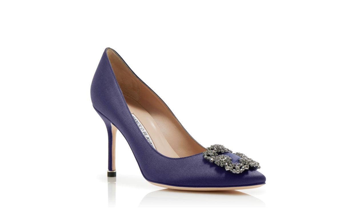 HANGISI 90 | Dark Blue Satin Jewel Buckle Pumps | Manolo Blahnik